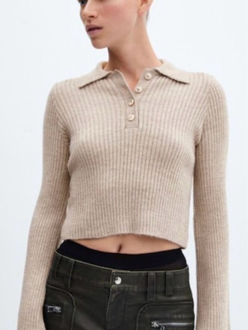 MNG | ribbed knit cropped polo sweater